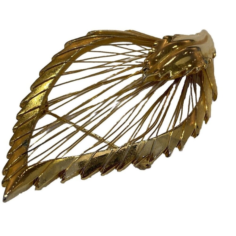 M. J. Ent. Filigree Feather Leaf Pin / Brooch Harp Gold Toned Signed